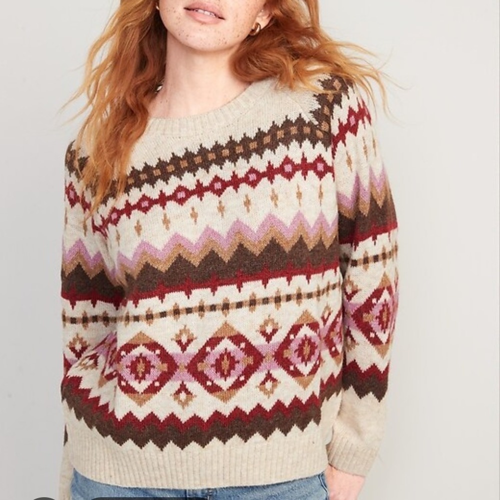Old Navy Fair Isle Sweater Beige Burgundy Knit Pullover WMS MD